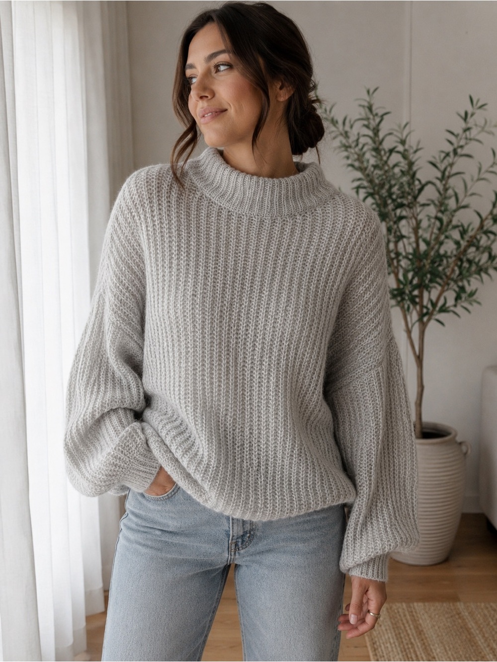 Urban Heritage Oversized Chunky Knit Mock Neck Sweater Grey OS